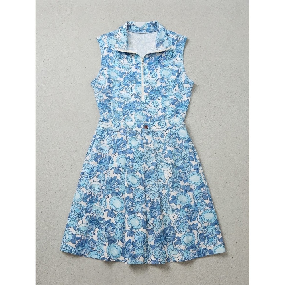 Vintage 70s Jantzen Blue Floral Sleeveless Top and Pleated Skirt Set